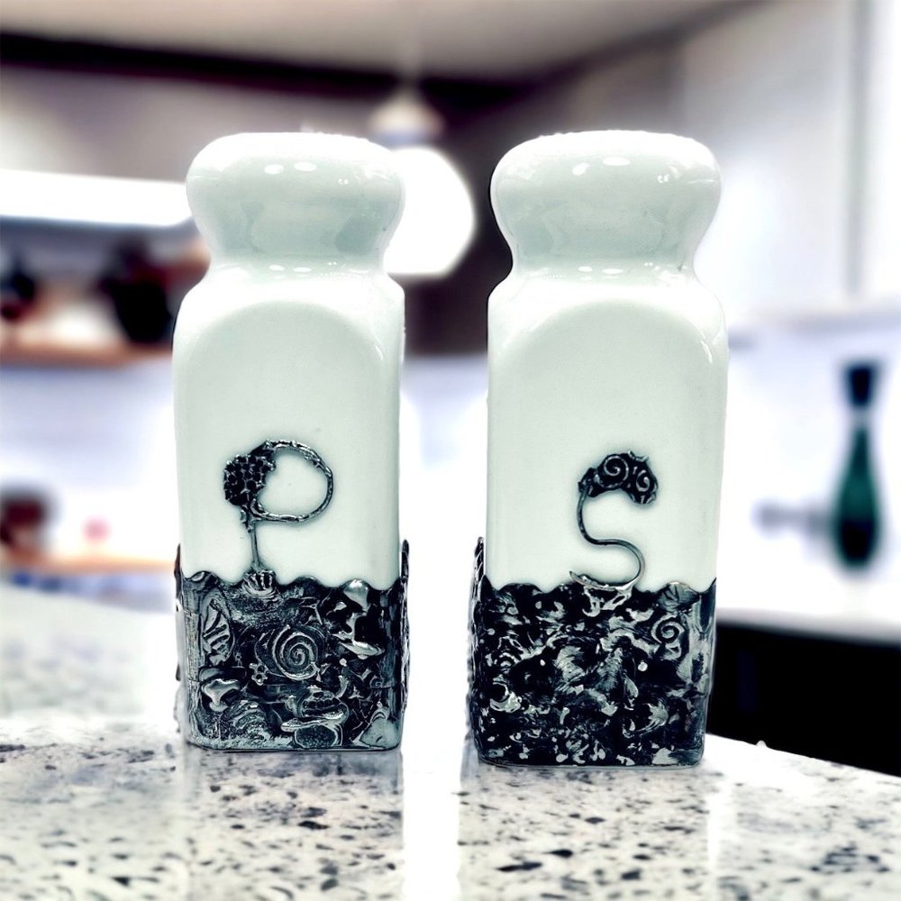 Artisan Ceramic Salt & Pepper Shakers Upcycled with Silver Blend Boho Metalwork